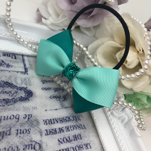 中央キラキラmint green♡ crossリボンのヘアゴム 2個set