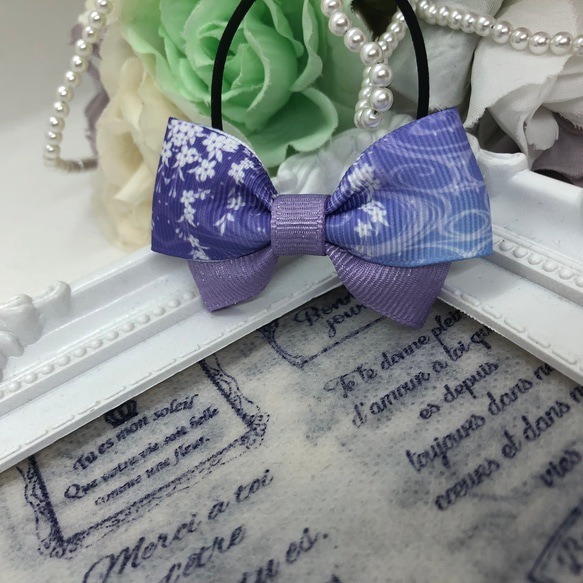 藤の花×ラベンダーのキラキラ銀糸織リボン♡ ヘアゴム 2個 set 5枚目の画像