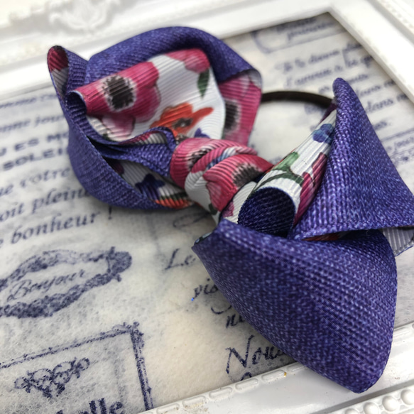ママとお揃い♡ 紫×水彩画調の花柄♡ 立体的リボンのヘアゴム 2個set 4枚目の画像