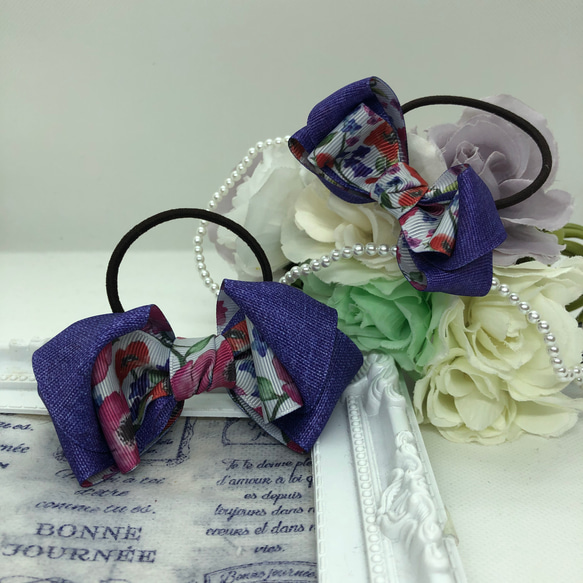 ママとお揃い♡ 紫×水彩画調の花柄♡ 立体的リボンのヘアゴム 2個set 8枚目の画像