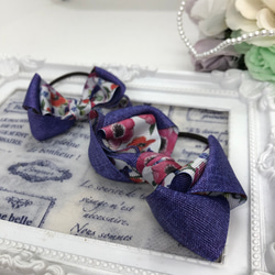 ママとお揃い♡ 紫×水彩画調の花柄♡ 立体的リボンのヘアゴム 2個set 10枚目の画像
