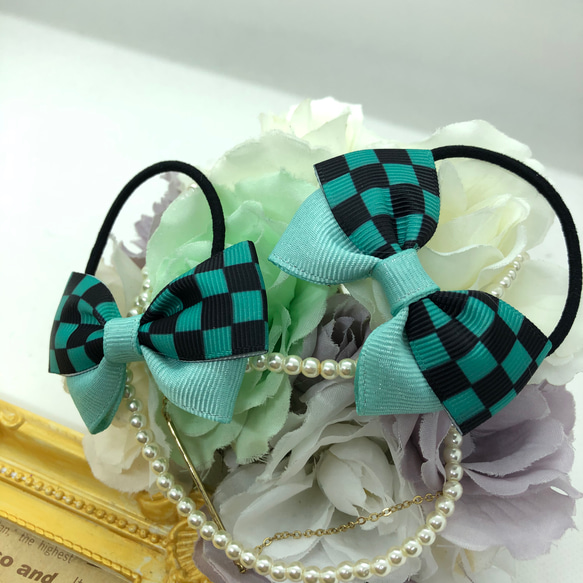 市松模様×エメラルドグリーン色の 銀糸キラキラリボン ヘアゴム 2個set  