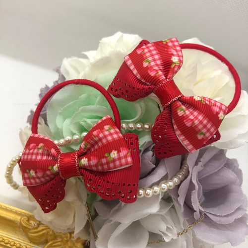 ꫛꫀꪝ⑅‪‪❤︎‬ダブルハートフロラルレジンヘアゴム‪‪❤︎‬⑅W.RED‬‬