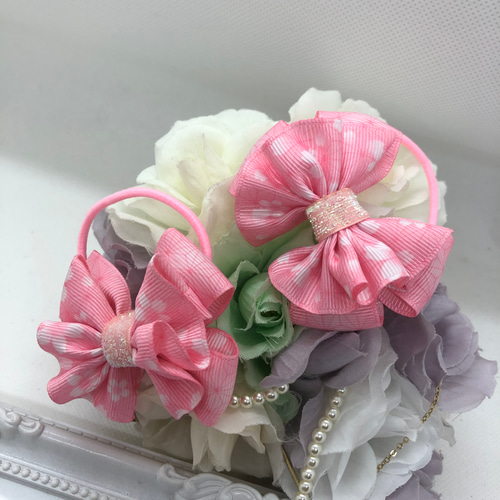 桜と麻の葉柄♡春色ピンク×White♡ フリルminiリボン 2個set 雑貨  