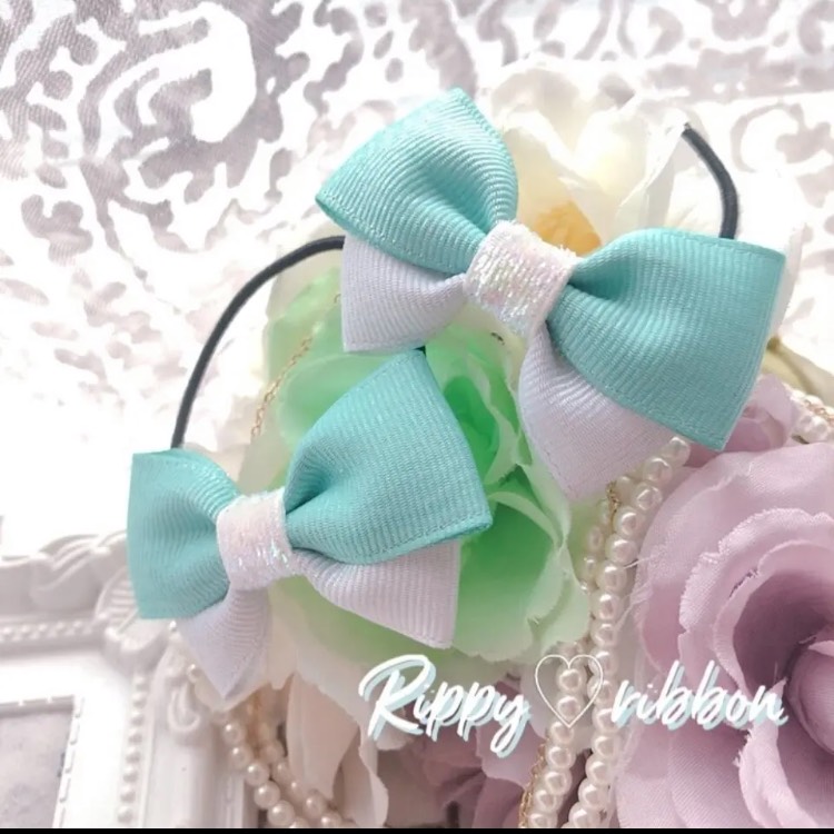 再販16【ティファニーブルー】ナチュラルリボン♡ヘアゴム ティファニーブルーcolour♡ キラキラ銀糸ダブルリボン のヘアゴム 2個