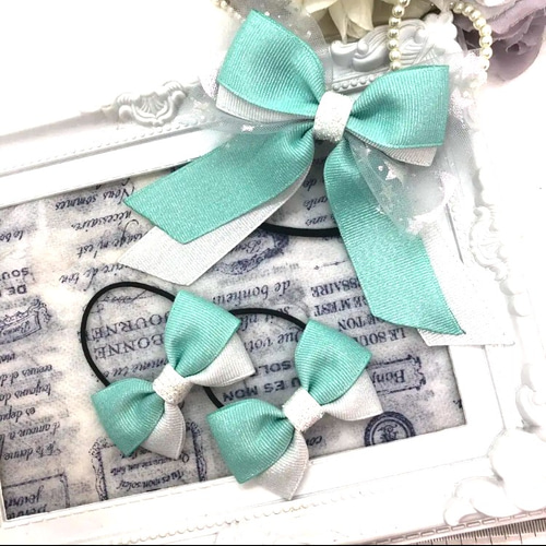 ティファニーブルーcolour♡ キラキラ銀糸ダブルリボン のヘアゴム 2個