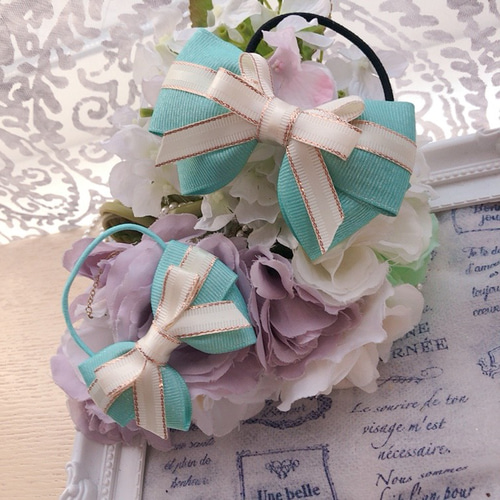 再販【NEWミントブルー】ラインリボン♡ヘアゴム リボンヘアゴム2個セット 再販【NEWミントブルー】ラインリボン♡ヘアゴム