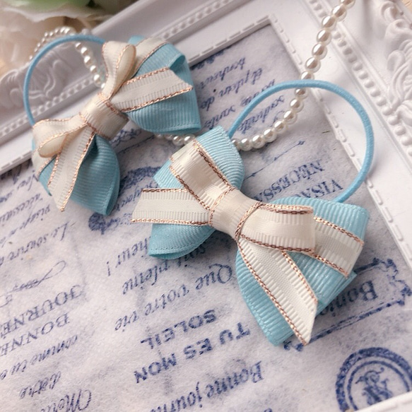 銀糸織のシンデレラBlue♡ プレゼントみたいな可愛い艶キラなリボン のヘアゴム 2個set 5枚目の画像