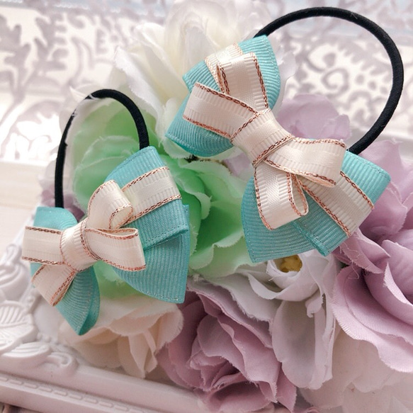 Newデザイン ミントcolour♡ プレゼントみたいなリボン のヘアゴム 2個  