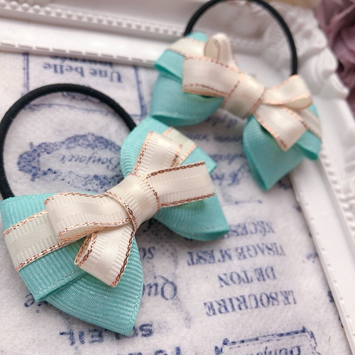 再販【NEWミントブルー】ラインリボン♡ヘアゴム