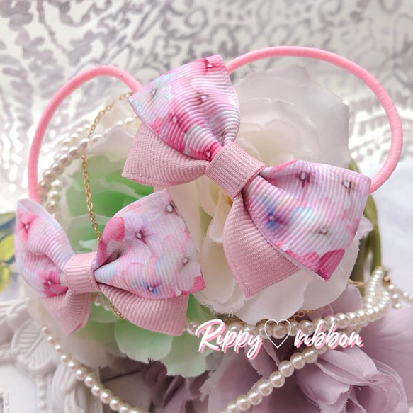 幻想的な花柄×キラキラ淡いピンク♡ ダブルリボン のヘアゴム 2個set 