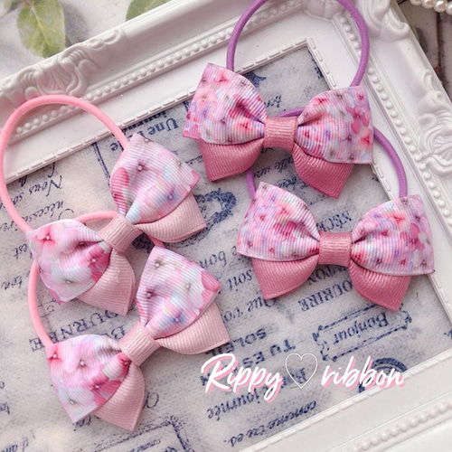 ダブルリボン ヘアゴム ♡ベビーピンク♡ オーダー♡花付ダブル