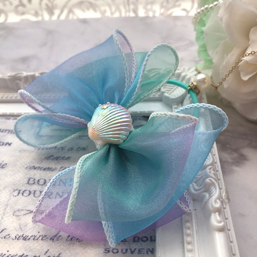 マーメイド ひらひらリボン♡パール♡ツイン♡ヘアゴム♡グリーン