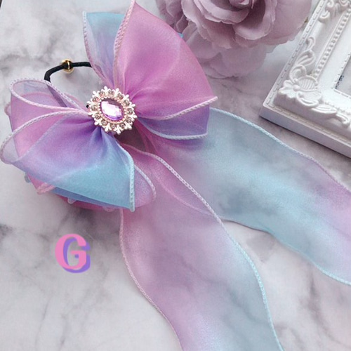 再販10【レインボー】ナチュラルリボン♡ヘアゴム2個セット