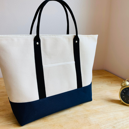 ⭐️6号帆布:トートバッグ⭐️白×紺 ホワイト×ネイビー エコ ⭐️6号帆布:トートバッグ⭐️白×紺 ホワイト×ネイビー エコ