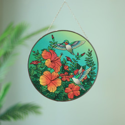 Sun Catcher・捕光者・Suncatcher・直徑25cm・彩繪玻璃吊飾・蜂鳥款 第1張的照片