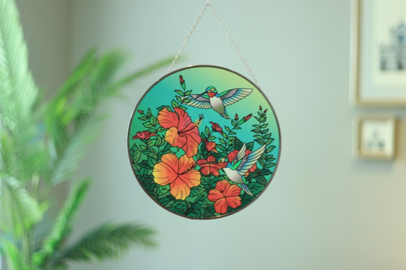 Sun Catcher・捕光者・Suncatcher・直徑25cm・彩繪玻璃吊飾・蜂鳥款 第1張的照片