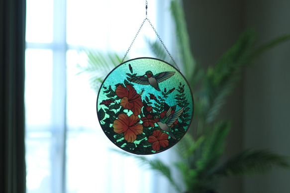 Sun Catcher・捕光者・Suncatcher・直徑25cm・彩繪玻璃吊飾・蜂鳥款 第2張的照片