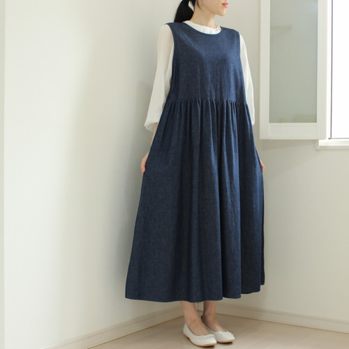 希少✨ラルフローレン　デニムワンピース　ノースリーブ　ジャンパースカート　L 再販】大人可愛いギャザージャンパースカート デニム