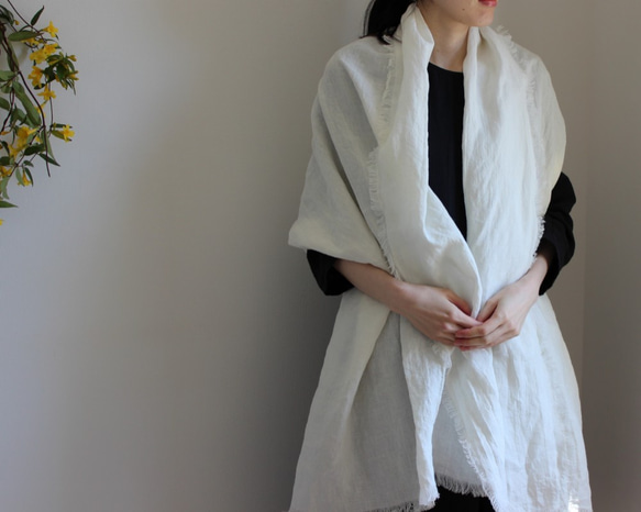 ベルギーリネン　フリンジ　ストール　ショール　ホワイト　白　大判 ベルギーリネン フリンジ ストール ショール ホワイト 白 大判