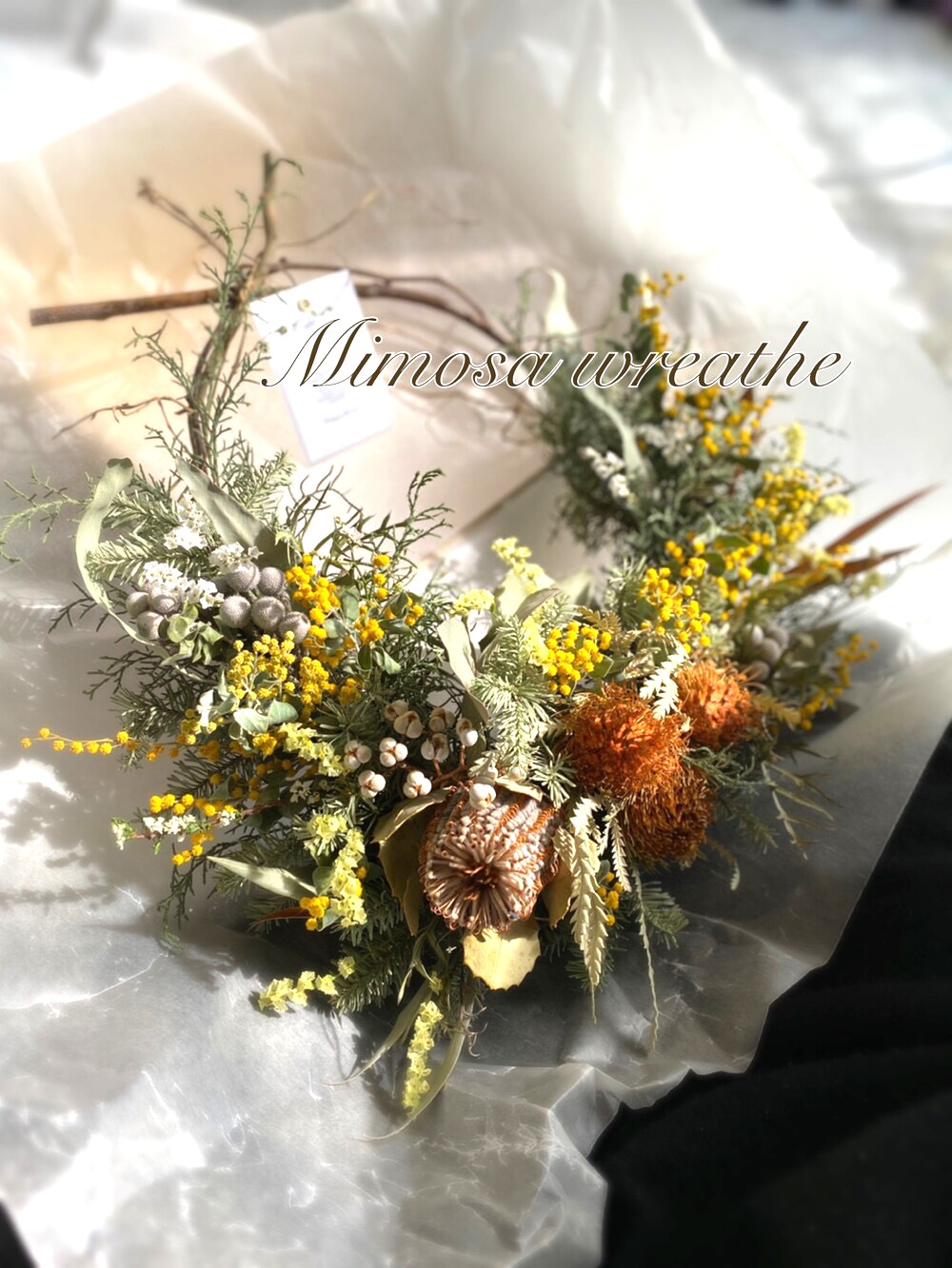 1点のみ】ミモザとワイルドフラワーのリース 春リースドライフラワー