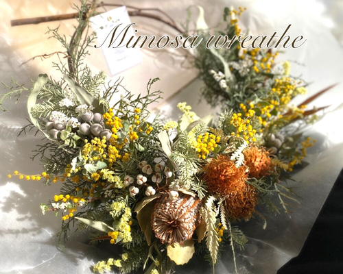 1点のみ】ミモザとワイルドフラワーのリース 春リースドライフラワー