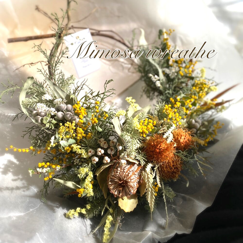 1点のみ】ミモザとワイルドフラワーのリース 春リースドライフラワー
