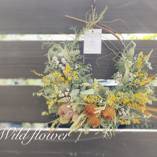 ミモザの春待ちリース　ドライフラワーリース　ミモザ 1点のみ】ミモザとワイルドフラワーのリース 春リースドライ