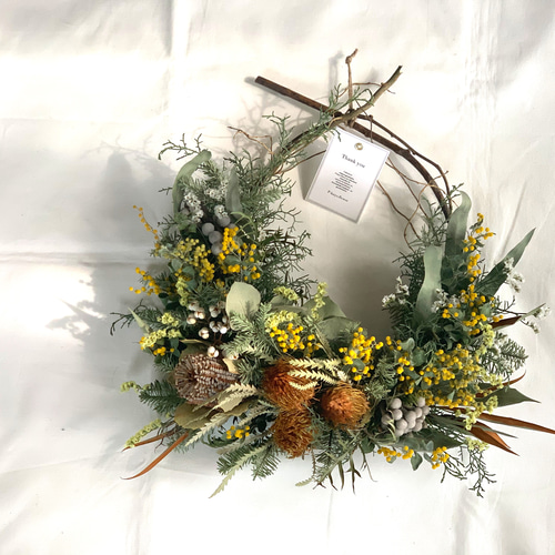 1点のみ】ミモザとワイルドフラワーのリース 春リースドライフラワー
