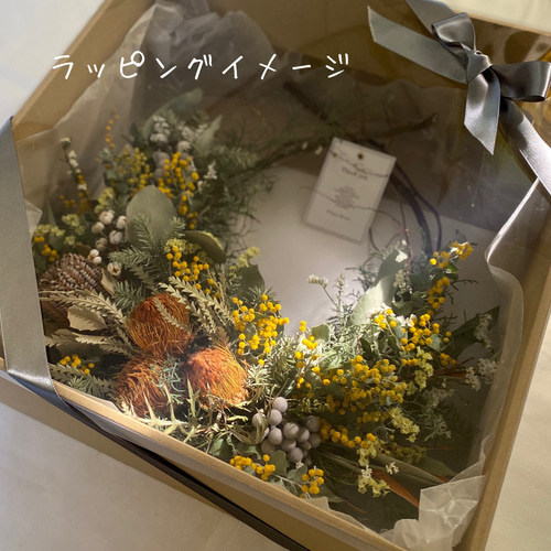 1点のみ】ミモザとワイルドフラワーのリース 春リースドライフラワー