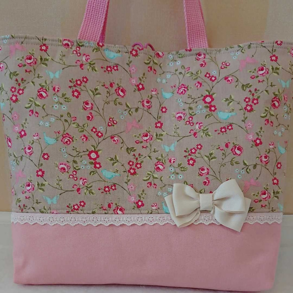 入園 入学３点セット ちょうちょとお花と小鳥さんベージュ ×桜ピンク 2枚目の画像