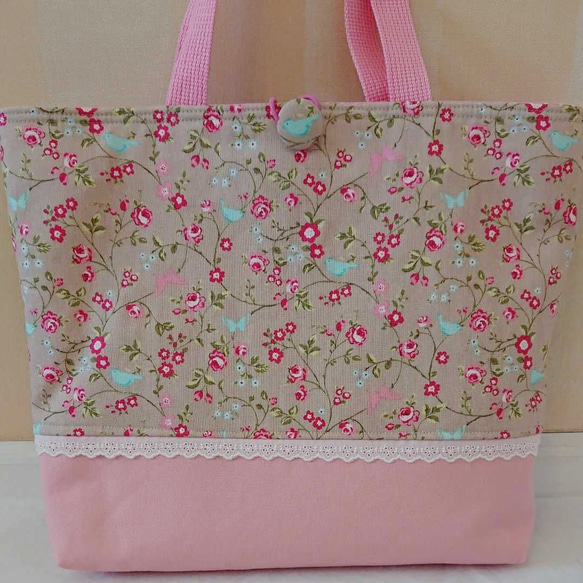 入園 入学３点セット ちょうちょとお花と小鳥さんベージュ ×桜ピンク 3枚目の画像