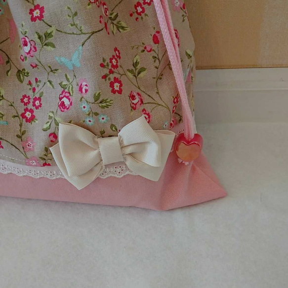 入園 入学３点セット ちょうちょとお花と小鳥さんベージュ ×桜ピンク 9枚目の画像