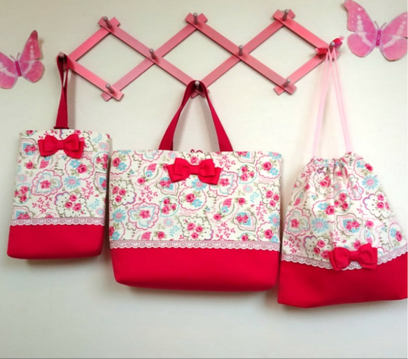 完成品】 レッスンバッグ 花 入園 女の子 入学 セット 入園入学 3点