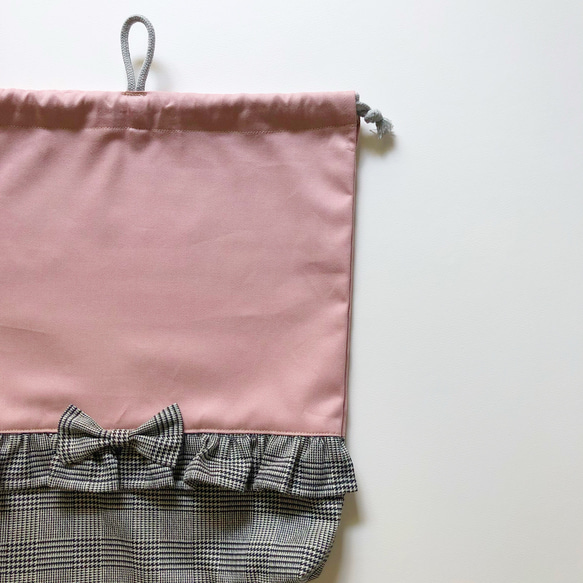 【大きめサイズ選択可】体操服入れ　お着替え袋　くすみピンク　グレンチェック　フリル×リボン　女の子 2枚目の画像