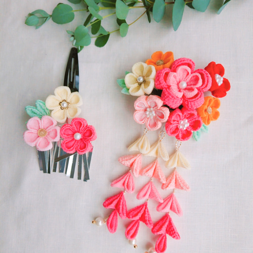 つまみ細工＊お花の七五三髪飾りセット＊ピン クとオレンジ かんざし
