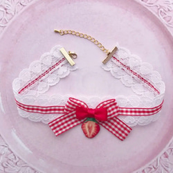 わかば様ハンドメイド♡チョコいちごフリルツイン チョーカー （ ハート レース チェック ♡ いちご ） ロリィタ イチゴ