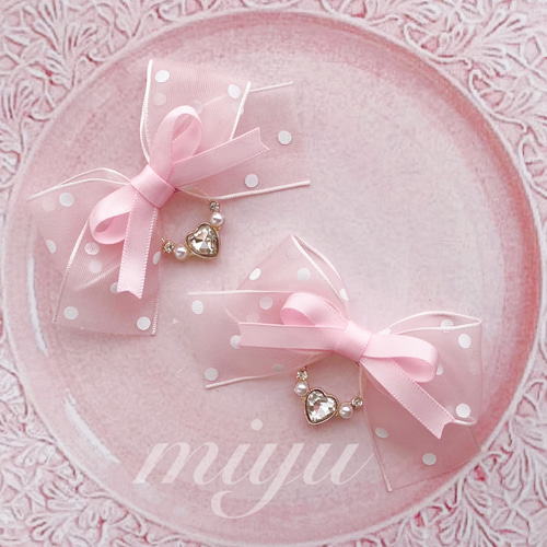 ヘアクリップ （ ふんわり ドット リボン ❤︎ピンク ） ロリィタ 姫