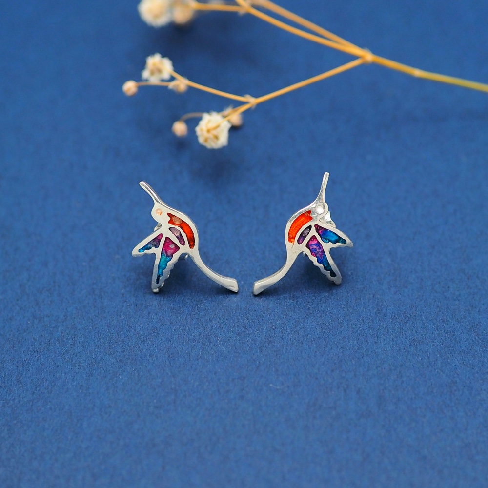 ハチドリのグラデーショングラスピアス　赤紫青　-シルバーとエナメルガラス-　SV925・ステンドグラス　S02