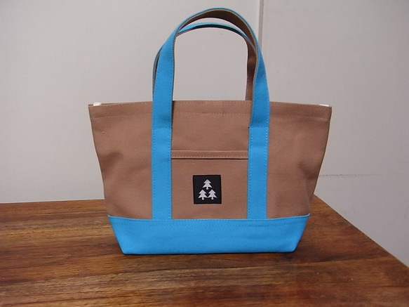 BASIC TOTE BAG XS　薄茶×ターコイズ 1枚目の画像