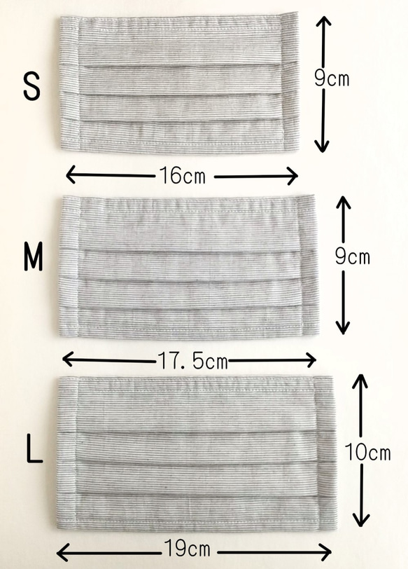 プリーツマスク 長時間快適　裏地ベージュか白 SML　ノーズワイヤー出し入れ口付き　先染めオーガニックコットングレー 5枚目の画像