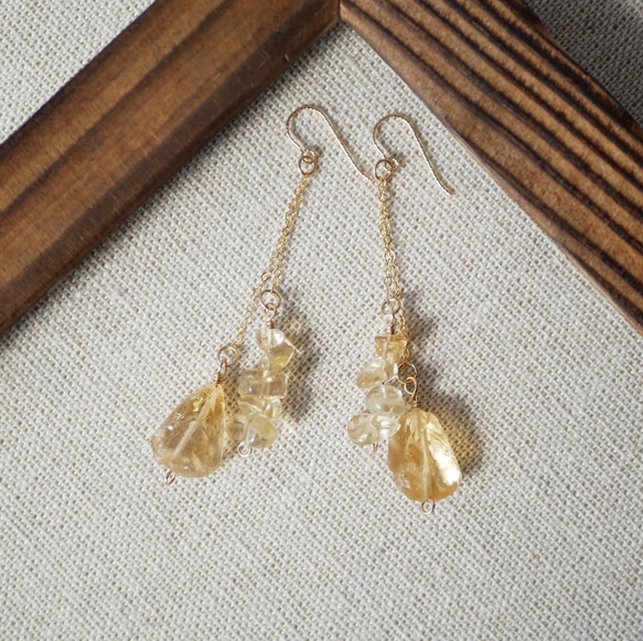 14kgf】天然石シトリン原石ピアス ピアス（フック・チェーン） ゆる