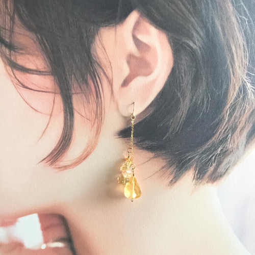 14kgf】天然石シトリン原石ピアス ピアス（フック・チェーン） ゆる