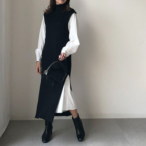 終了】秋冬重ね着に重宝のロングニットベスト ロングベスト