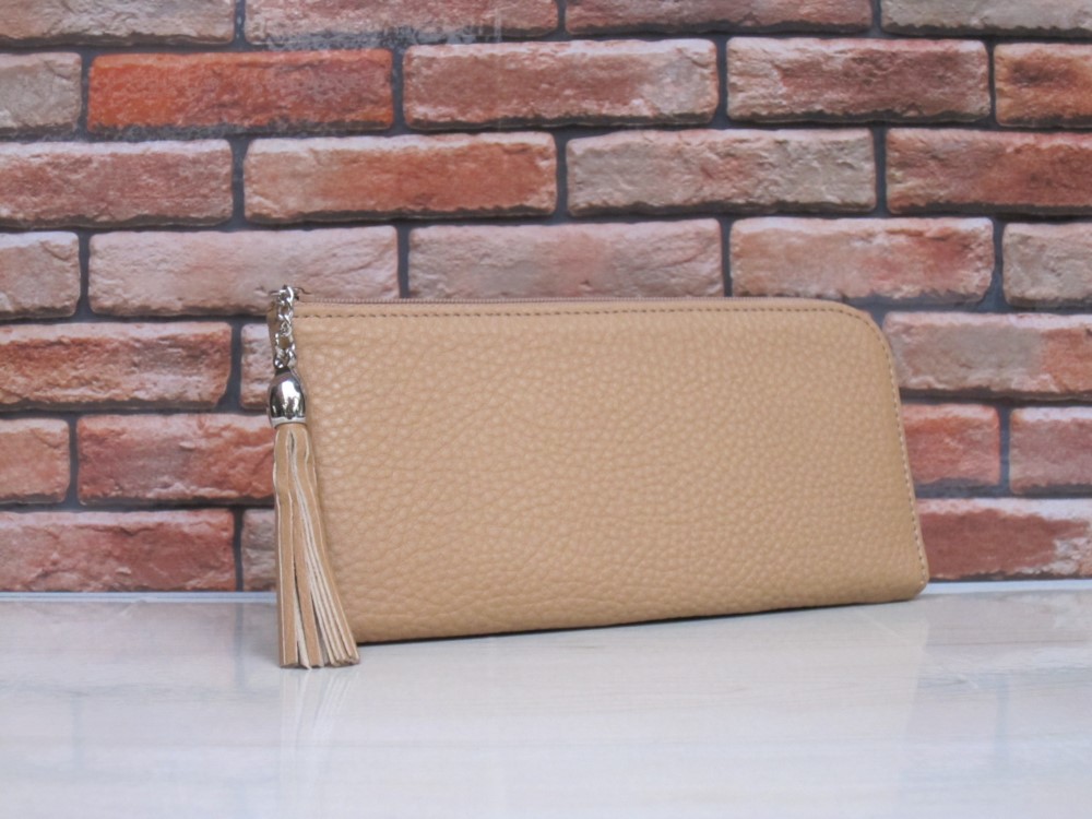 本シュリンク革（牛革）L型ラウンド財布（ダークオレンジ）フリンジ付き　春財布♪