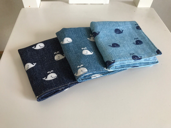 受注製作＊送料無料】ハンドメイド ガーゼハンカチ 16×16 くじらデニム 