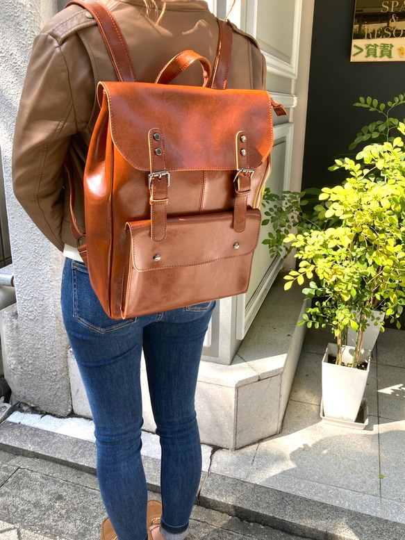 外ポケット&2本ベルト2wayリュック☆ノートPC収納OK☆通勤、通学に便利☆キャメル色 1枚目の画像