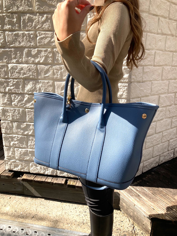 エコレザートートバッグ☆シボ風☆Lサイズ【36cm】☆A4収納サイズ☆ブルーグレー色 3枚目の画像