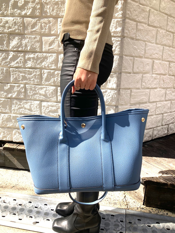 エコレザートートバッグ☆シボ風☆Lサイズ【36cm】☆A4収納サイズ☆ブルーグレー色 4枚目の画像