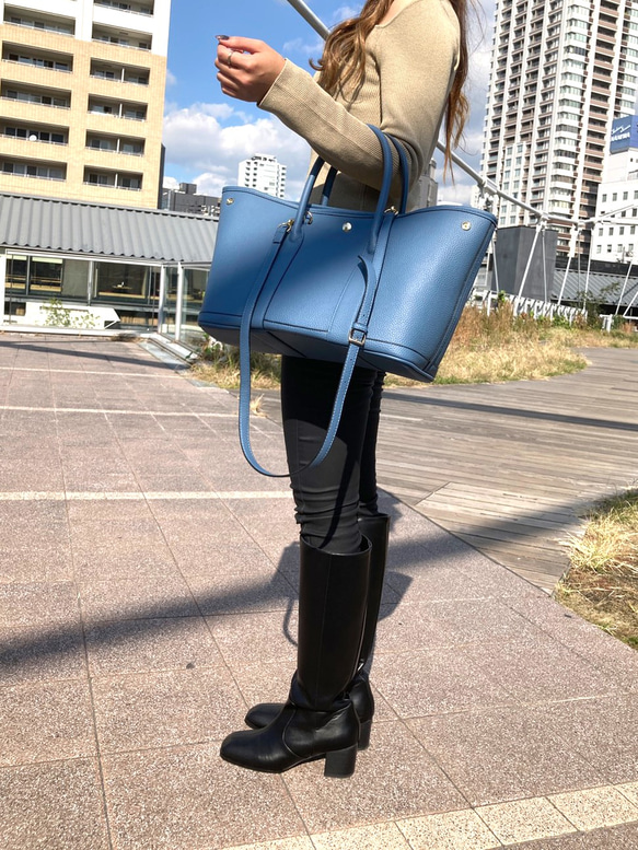 エコレザートートバッグ☆シボ風☆Lサイズ【36cm】☆A4収納サイズ☆ブルーグレー色 5枚目の画像